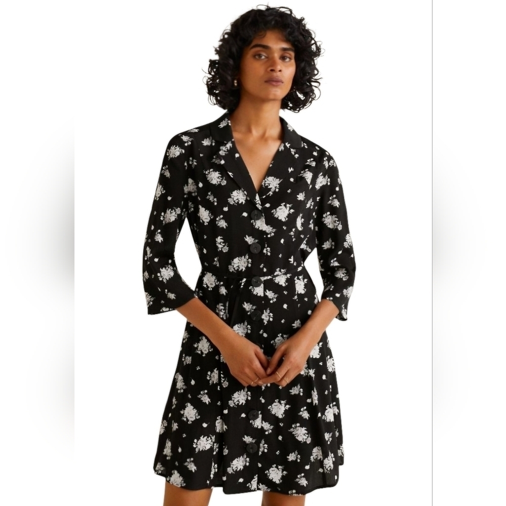 Mango Black & White Floral Print Knit Button-down 3/4 Sleeve Mini Dress sz 4